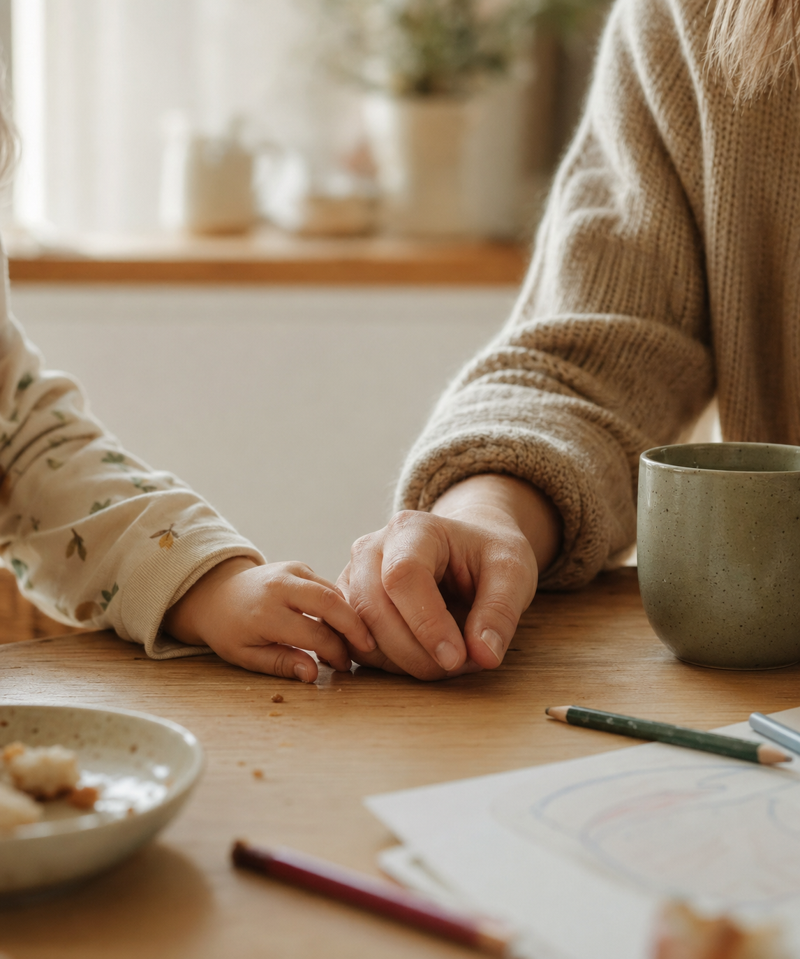 Ruhiger Familienmoment am Küchentisch mit einer Erwachsenen- und Kinderhand im warmen Morgenlicht.