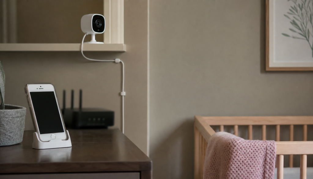 Altes Smartphone und kleine WLAN-Kamera als guenstige Babyphone-Loesung auf einem Regal