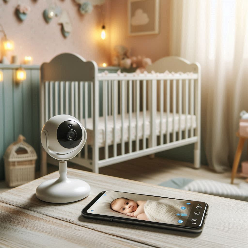 Smartphone und billig Camera liegen vor dem Babybett auf einem tisch. So könnte eine Babyphone von dir aussehen.