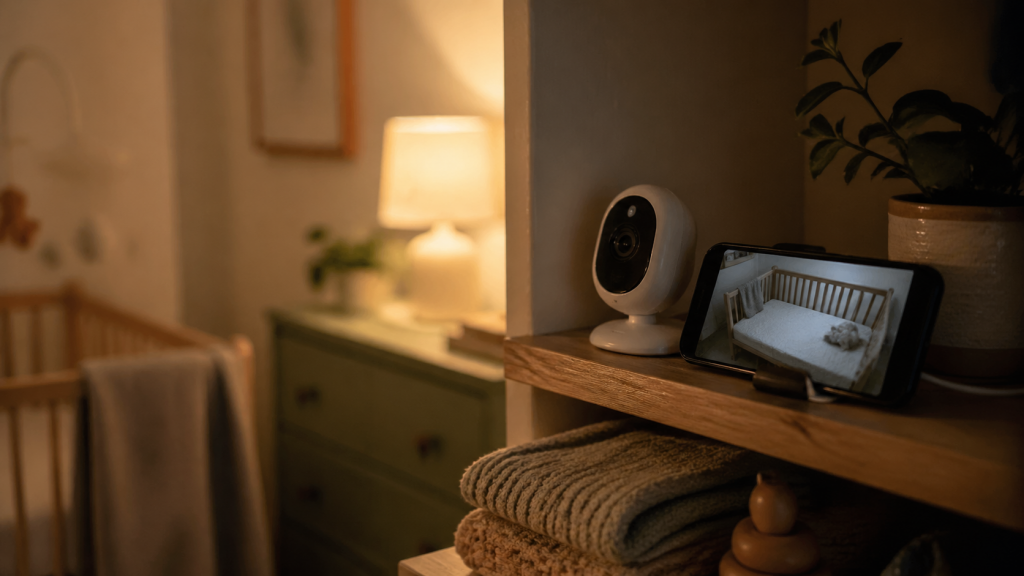 Kinderzimmer mit kleiner Kamera auf Regal und altem Smartphone als Monitor in warmem Abendlicht.