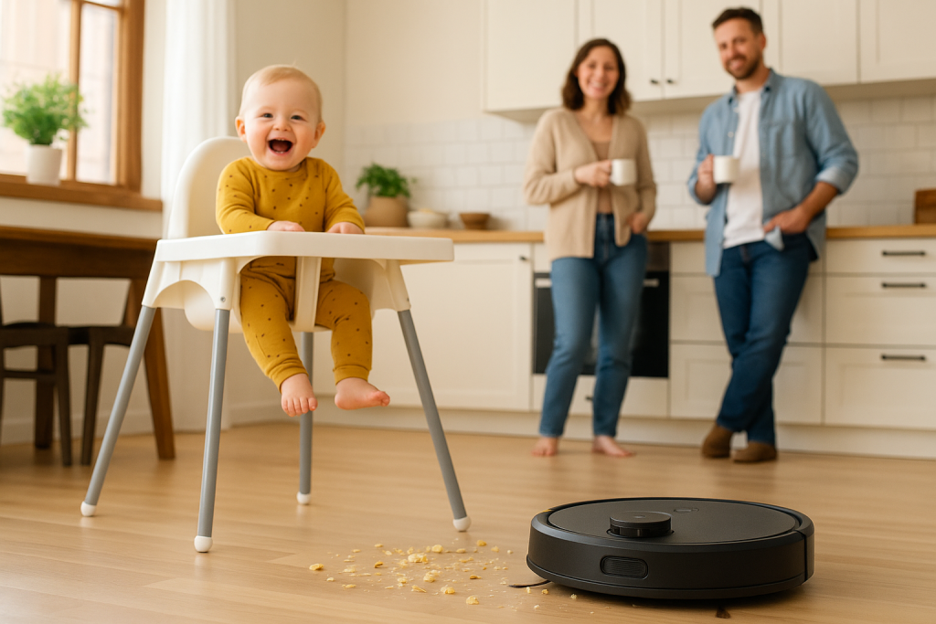 Ein fröhliches Baby sitzt in einem Hochstuhl in einer hellen Küche, mit Krümeln auf dem Boden vor sich. Ein schwarzer Saugroboter reinigt den Bereich direkt vor dem Stuhl. Im Hintergrund stehen zwei lächelnde Eltern mit Kaffeetassen, entspannt an die Küchenzeile gelehnt.