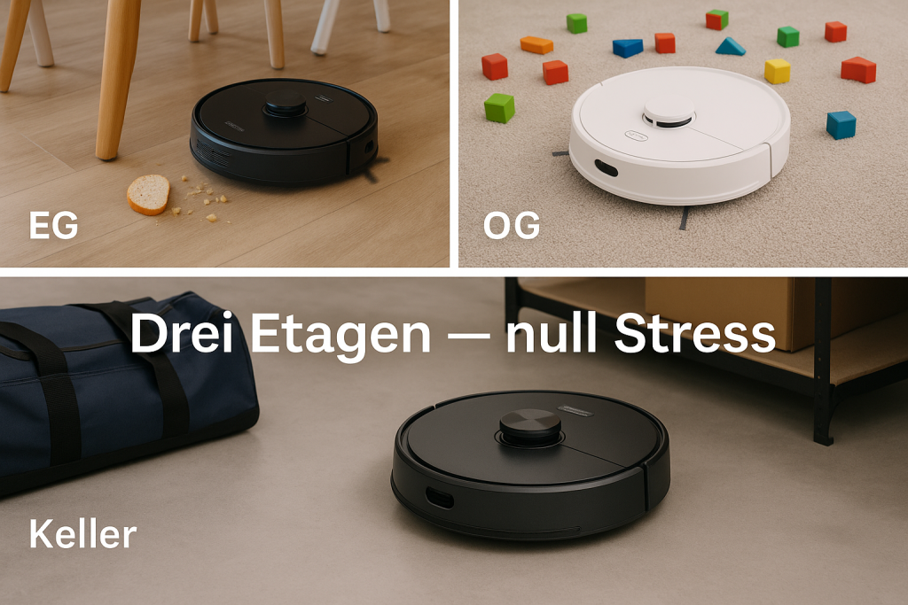 Ein dreiteiliges Bild zeigt drei verschiedene Saugerroboter im Einsatz auf unterschiedlichen Etagen eines Hauses. Links oben (EG) saugt ein schwarzer Roboter Brotkrümel unter einem Esstisch. Rechts oben (OG) reinigt ein weißer Roboter ein Kinderzimmer mit bunten Bauklötzen. Unten (Keller) arbeitet ein schwarzer Roboter auf grauem Boden neben einer Sporttasche. In der Mitte steht der Schriftzug „Drei Etagen – null Stress“.