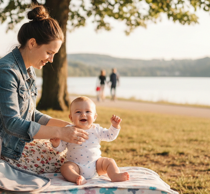 Mutter wickelt ihr Kind unterwegs, der Wickelrucksack ist geöffnet