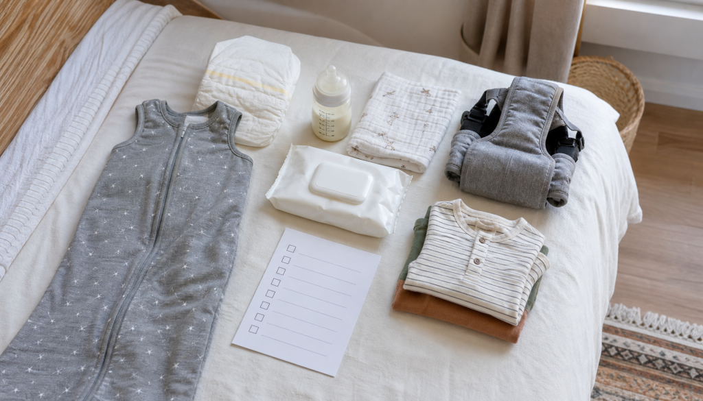 Praktische Baby-Erstausstattung mit Schlafsack, Windeln, Flasche, Mulltuch und Tragehilfe