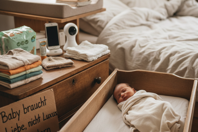 Alt-Text: Neugeborenes Baby schläft in Wiege neben Wickeltisch mit Windeln, Babykleidung und Kamera – minimalistische Babyerstausstattung zuhause.