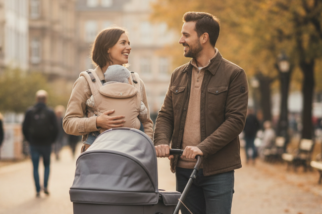 Junges Elternpaar spaziert mit Kinderwagen und Babytrage im herbstlichen Park – glückliche Familie genießt gemeinsame Zeit an der frischen Luft.