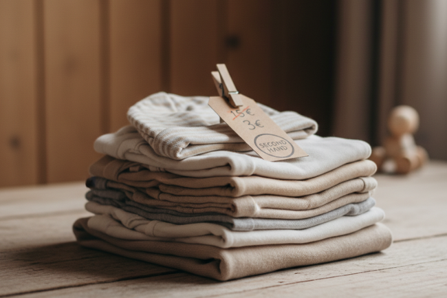 Gefaltete Second-Hand-Babykleidung auf Holztisch mit Preisschild – nachhaltige und günstige Babymode aus Baumwolle.