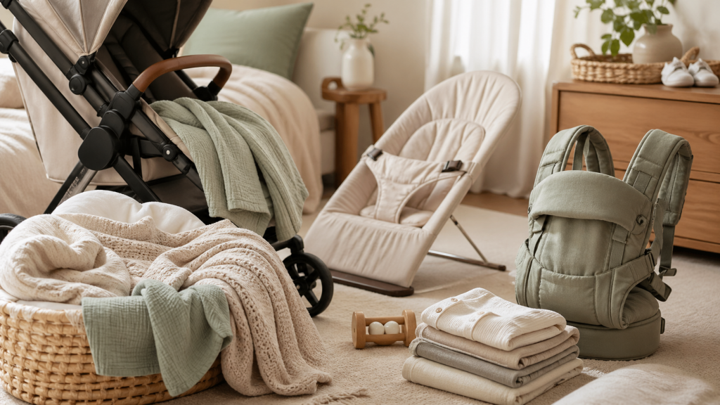 Ruhiges Baby-Essentials-Arrangement mit Trage, Kinderwagenstoff und Schlafplatzdetails in warmem Licht.