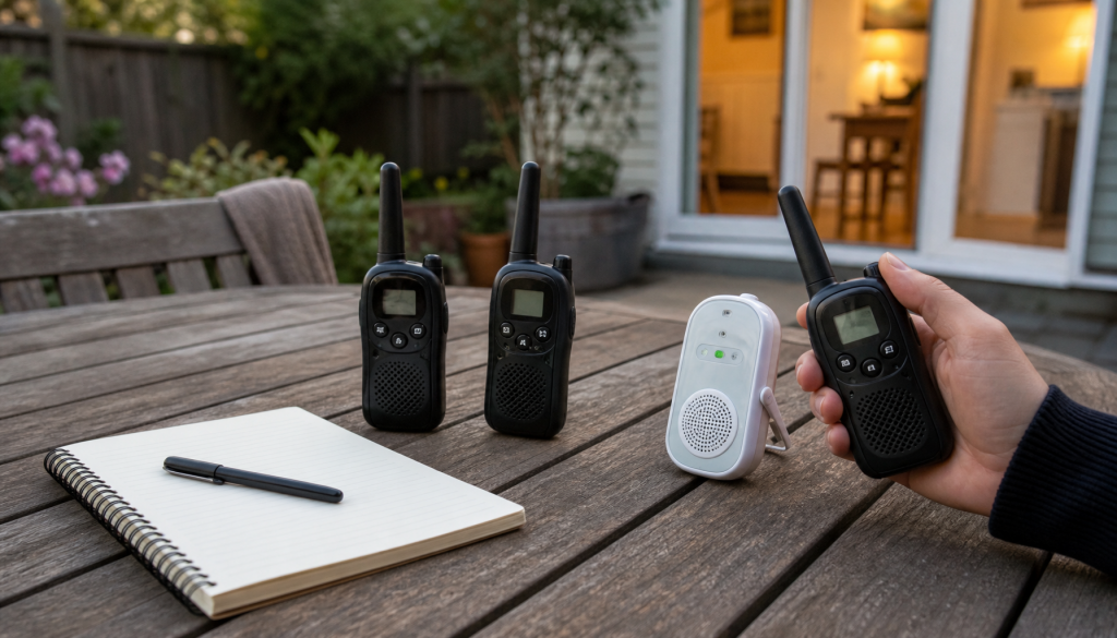 Audio-Babyphone und Walkie-Talkie auf einem Gartentisch fuer den Reichweitentest