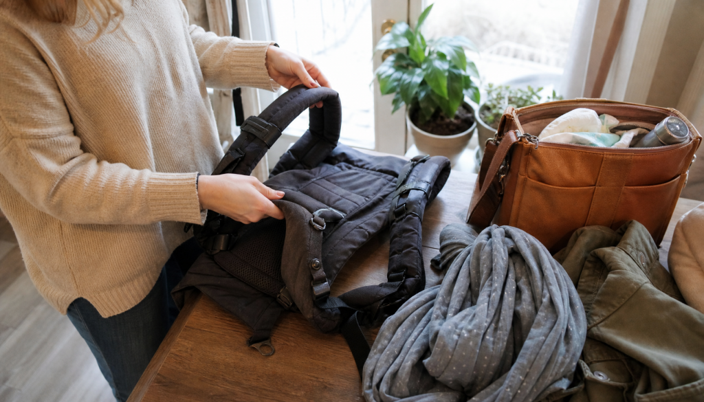 Babytrage auf einem Tisch mit verstellbaren Gurten, Tragetuch und Wickeltasche fuer den Alltagstest