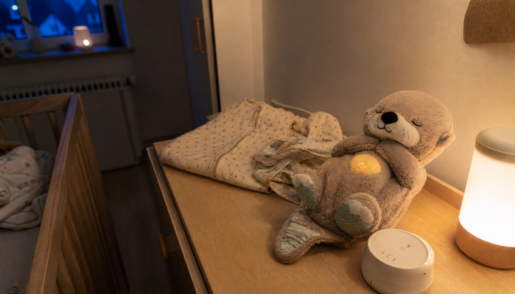 Ruhige Einschlafroutine mit Schlafsack, Otter-Spielzeug, Nachtlicht und White-Noise-Geraet