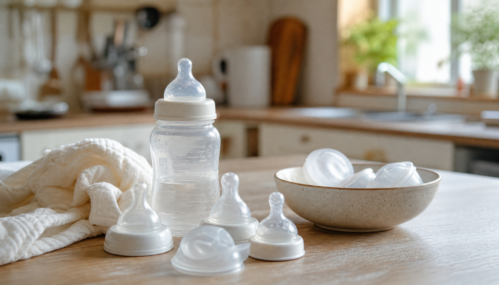Babyflaschen-Setup mit Flasche, Saugern, Spucktuch und warmem Licht auf einem Küchentisch