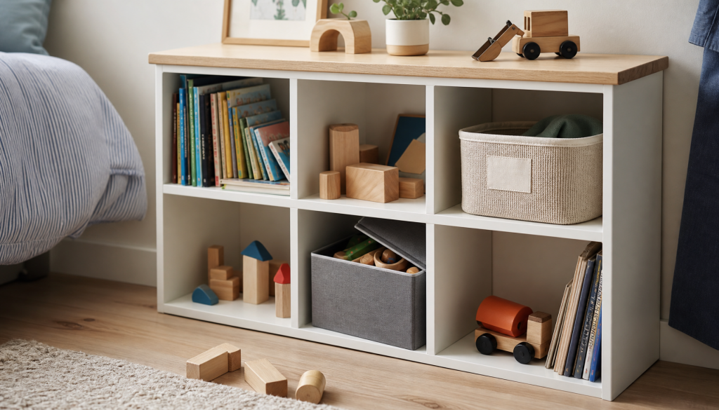 Übersichtliches Kinderzimmer-Regal mit wenigen Spielsachen und einer Kiste für Spielzeugrotation