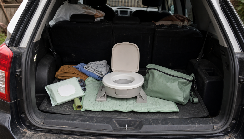 Faltbare Reisetoilette im Kofferraum mit Feuchttuechern, Wechselkleidung und verschliessbarer Tasche