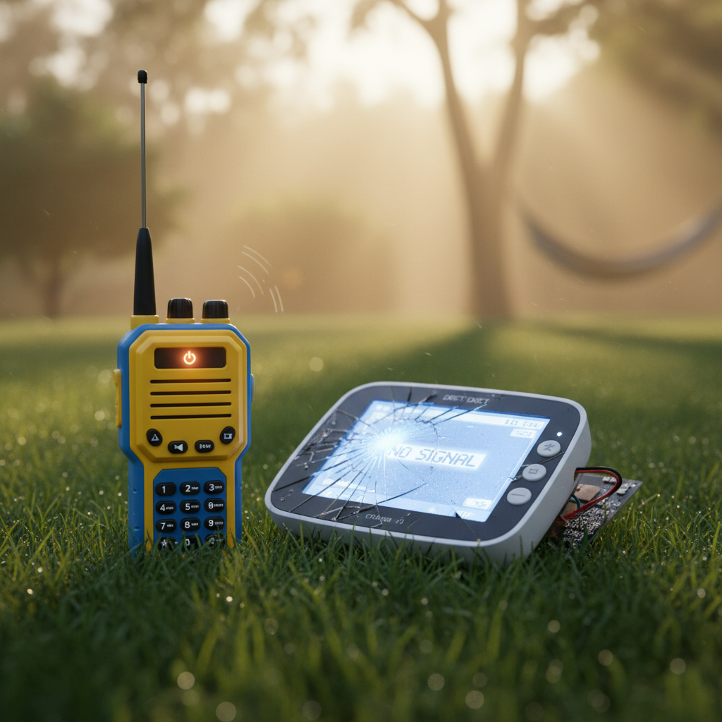 Ein leuchtend gelb-blaues Funkgerät mit Antenne steht auf taufrischem grünen Gras und sendet sichtbare Signale. Daneben liegt ein kaputtes weißes Gerät mit zerbrochenem Bildschirm, das "NO SIGNAL" anzeigt und dessen interne Schaltung freiliegt. Im unscharfen Hintergrund ist eine sonnenbeschienene Wiesenlandschaft mit Bäumen zu sehen.