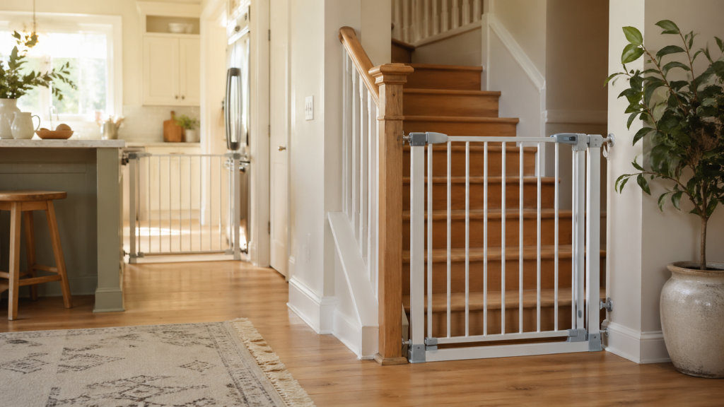 Helles Zuhause mit sicher montiertem Schutzgitter vor Treppe und ruhiger Familienatmosphaere.