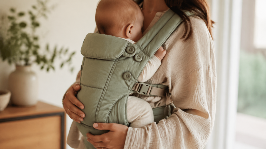 Warmer Familienalltag mit Babytrage, naher Koerperausschnitt ohne Gesichter, ruhig und hochwertig.
