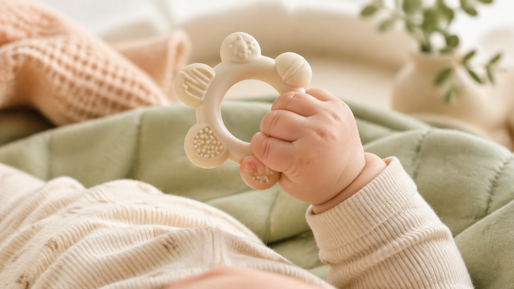 Babyhand haelt einen gekuehlten Beissring in weichem Tageslicht, ruhig und nah aufgenommen.
