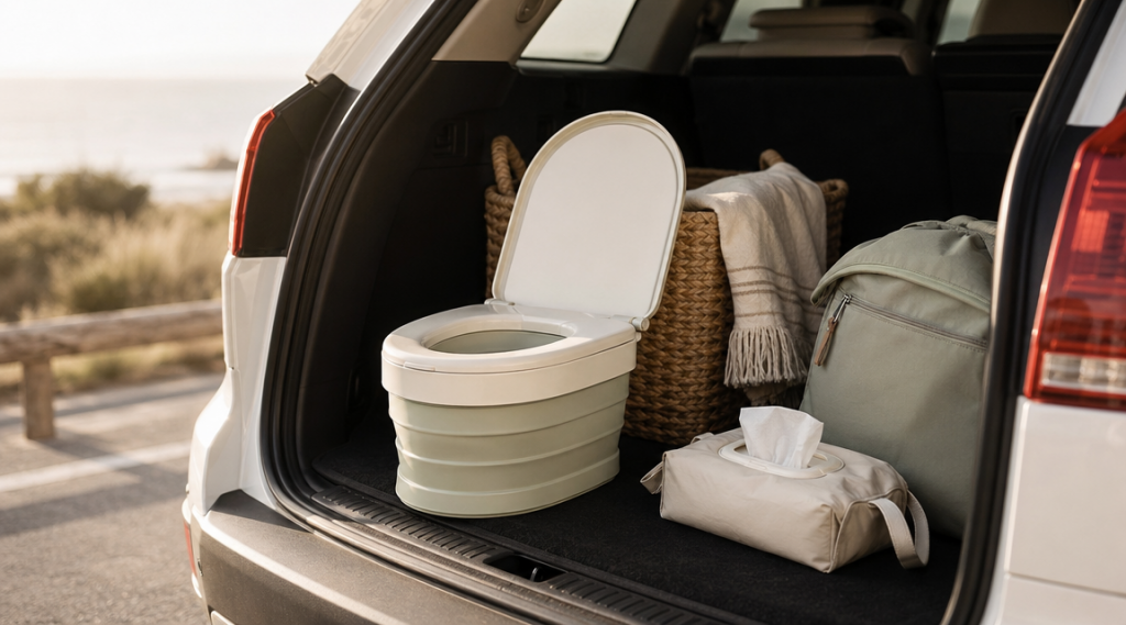 Faltbare Reisetoilette mit kleiner Unterwegs-Tasche im Kofferraum eines Familienautos.