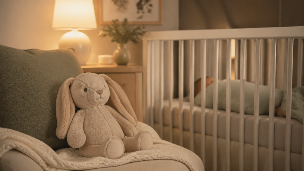 Ruhige Schlafszene mit kleinem Kuscheltier am Bettchenrand und weichem Nachtlicht, nicht kitschig.