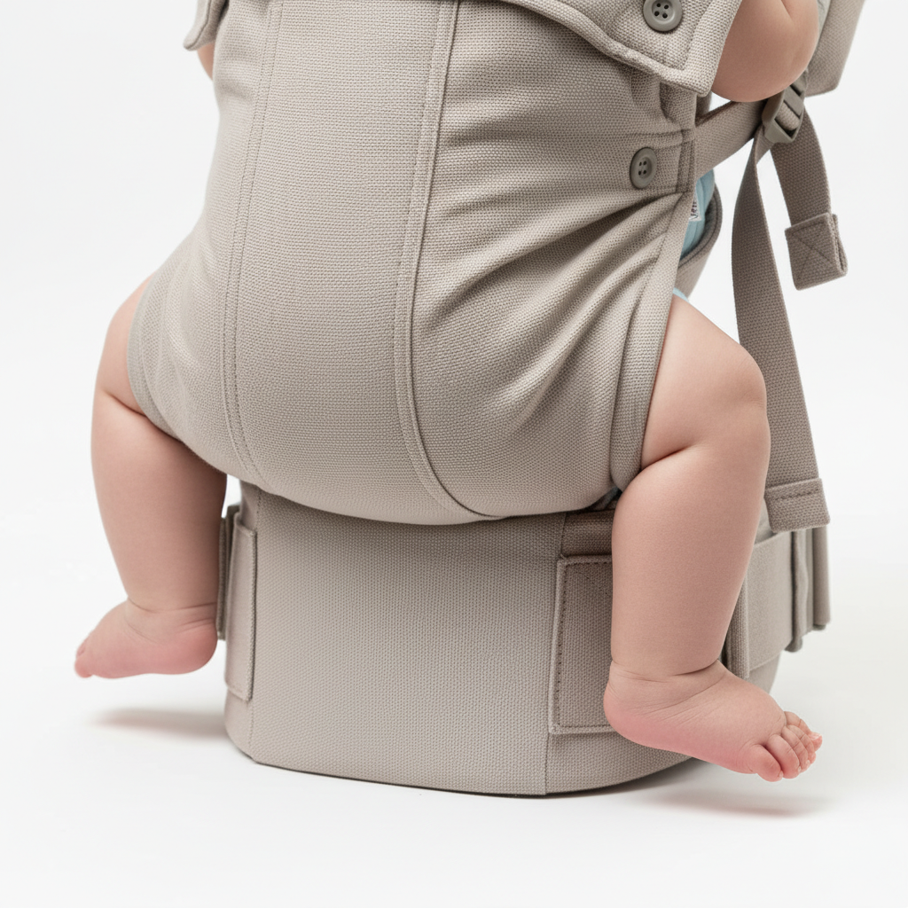 Die korrekte M-Position (Anhock-Spreizhaltung) in der Babytrage zur gesunden Hüftentwicklung.