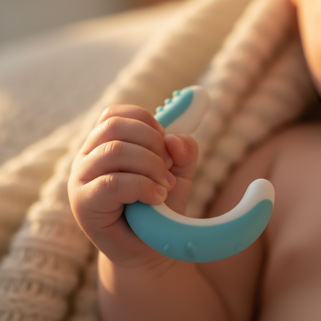 Nahaufnahme einer Babyhand, die den ergonomischen CAJA Baby Beißring festhält, optimal für die Selbstregulation und den sicheren Halt während des Zahnens.