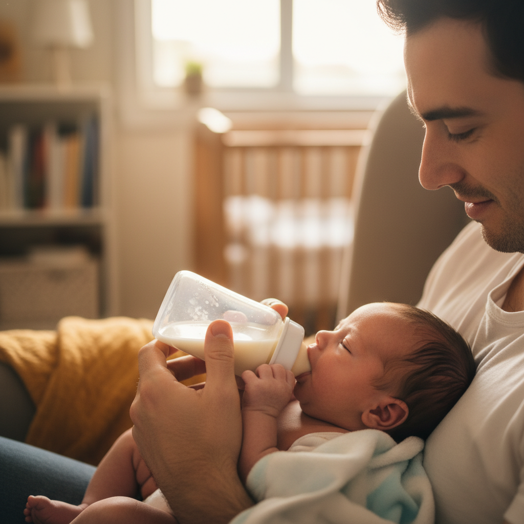 Nahaufnahme eines entspannten Babys, das von seinem Vater mit einer Philips Avent Natural Response Babyflasche gefüttert wird, die das Verschlucken von Luft dank Anti-Kolik-Ventil minimiert.