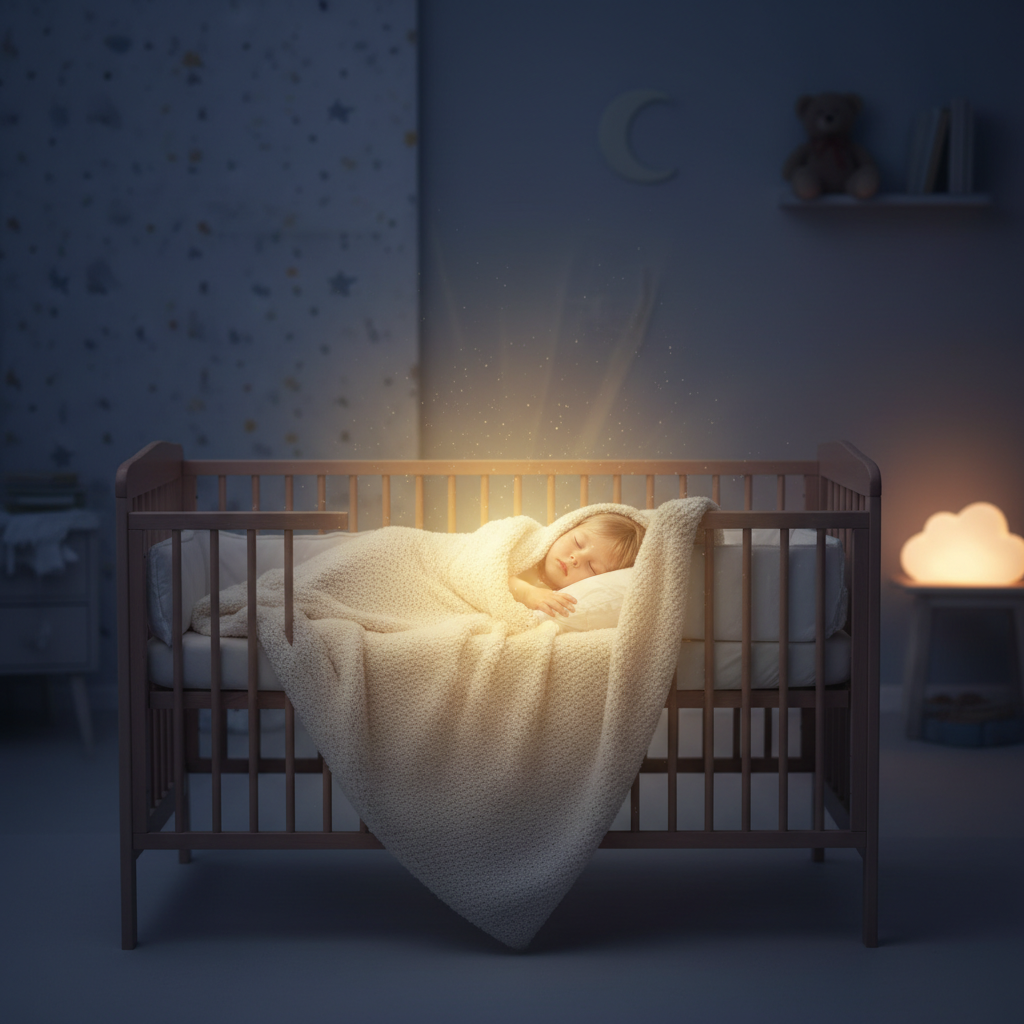 Friedlich schlafendes Kleinkind in tiefem Schlaf, symbolisch geschützt durch die hohe Saugkraft der Pampers Premium Protection Größe 5 Nachtwindel.