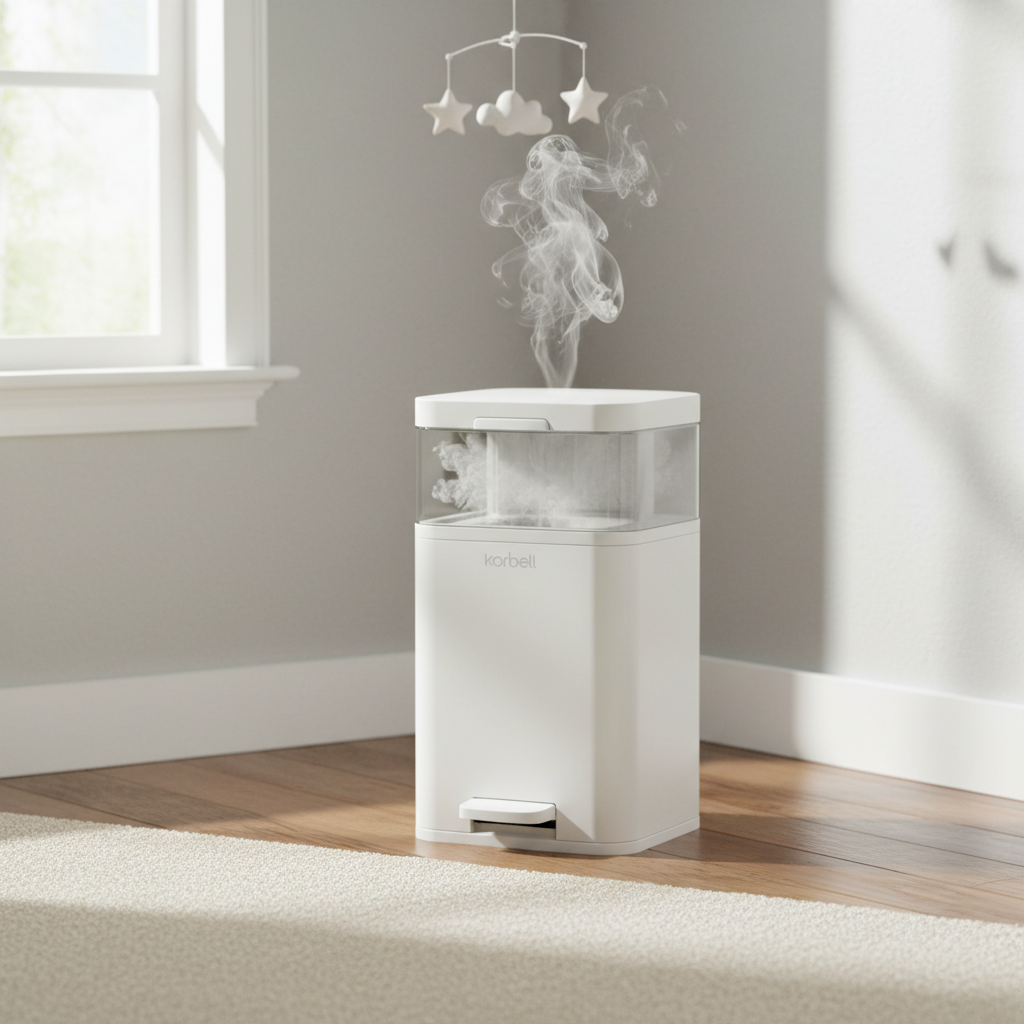 Moderner Korbell Windeleimer im Babyzimmer, der Gerüche durch den doppelten Verschluss sicher einschließt und für eine geruchsfreie Umgebung sorgt.