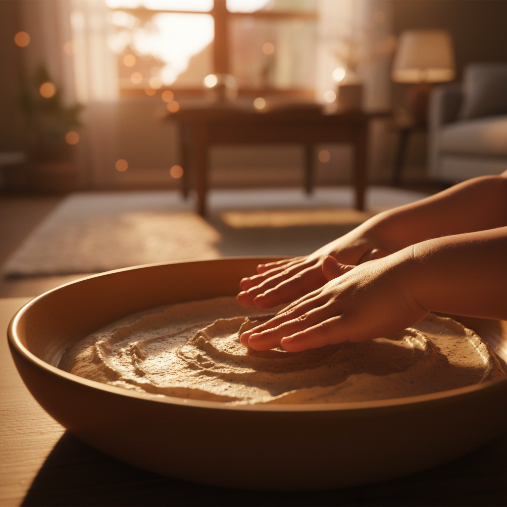 Visuell beruhigende Nahaufnahme, die die tiefe Konzentration und den Fokus eines Kindes beim **Sensory Play** zeigt, als nervenschonende Lösung gegen die abendliche 17-Uhr-Eskalation.