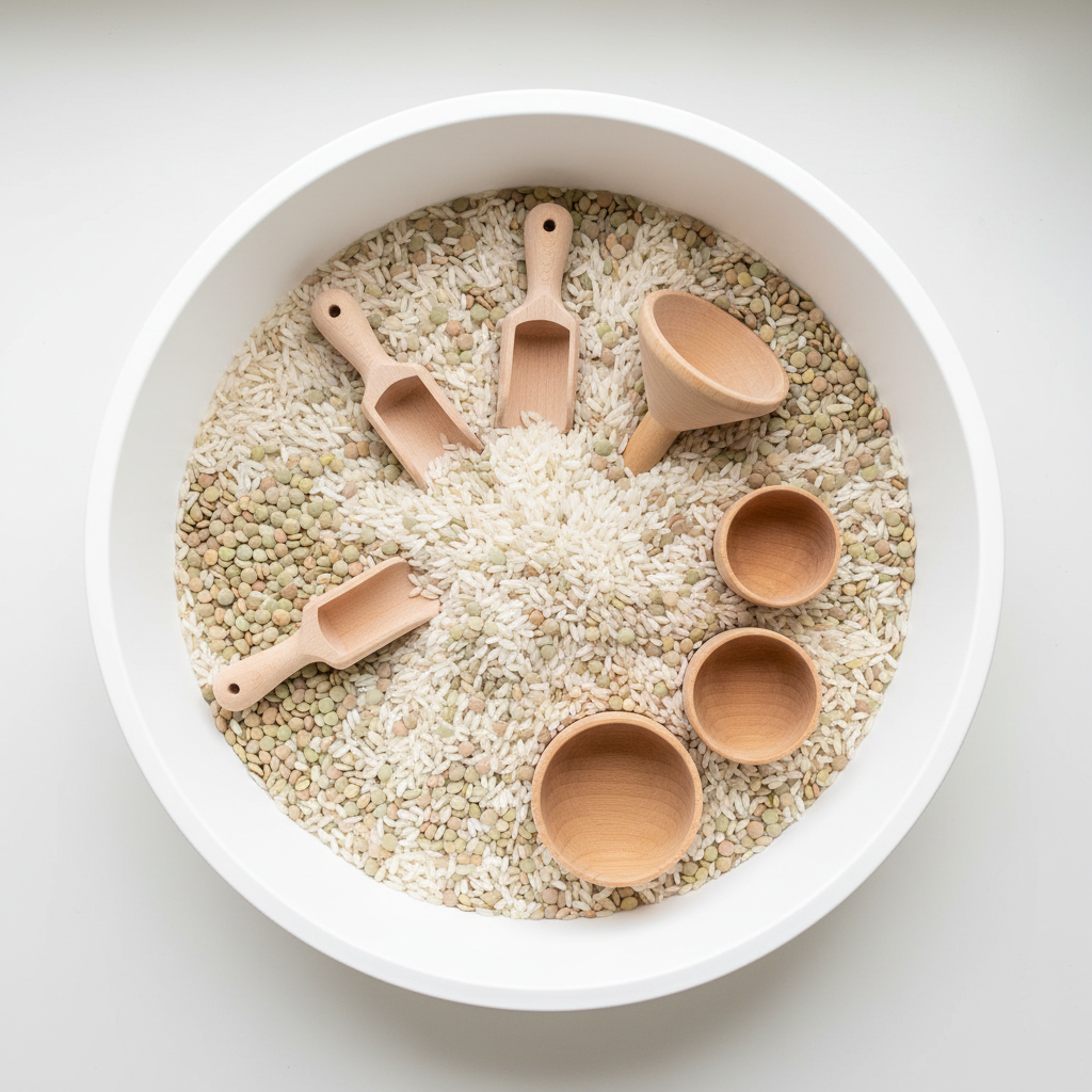 Overhead-Ansicht eines praktischen und minimalistischen **Sensory Play**-Aufbaus mit trockenen Texturen (Reis und Linsen) in einer flachen Wanne, ideal für konzentriertes, selbstständiges Spielen.