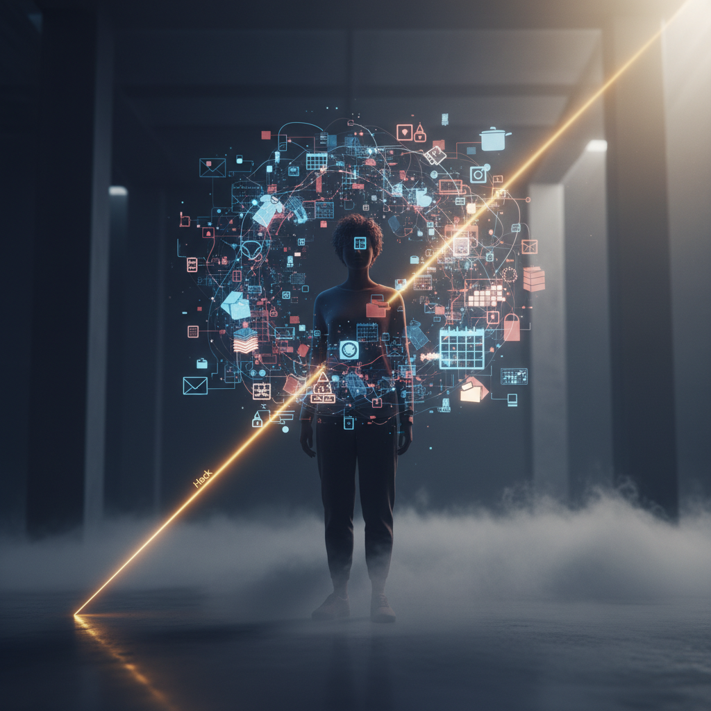 Visuelle Metapher für den Mental Load: Ein klarer, goldener Lichtstrahl durchbricht das Chaos von überlappenden, leuchtenden Aufgaben und symbolisiert effektive Mom Hacks für den Alltag.