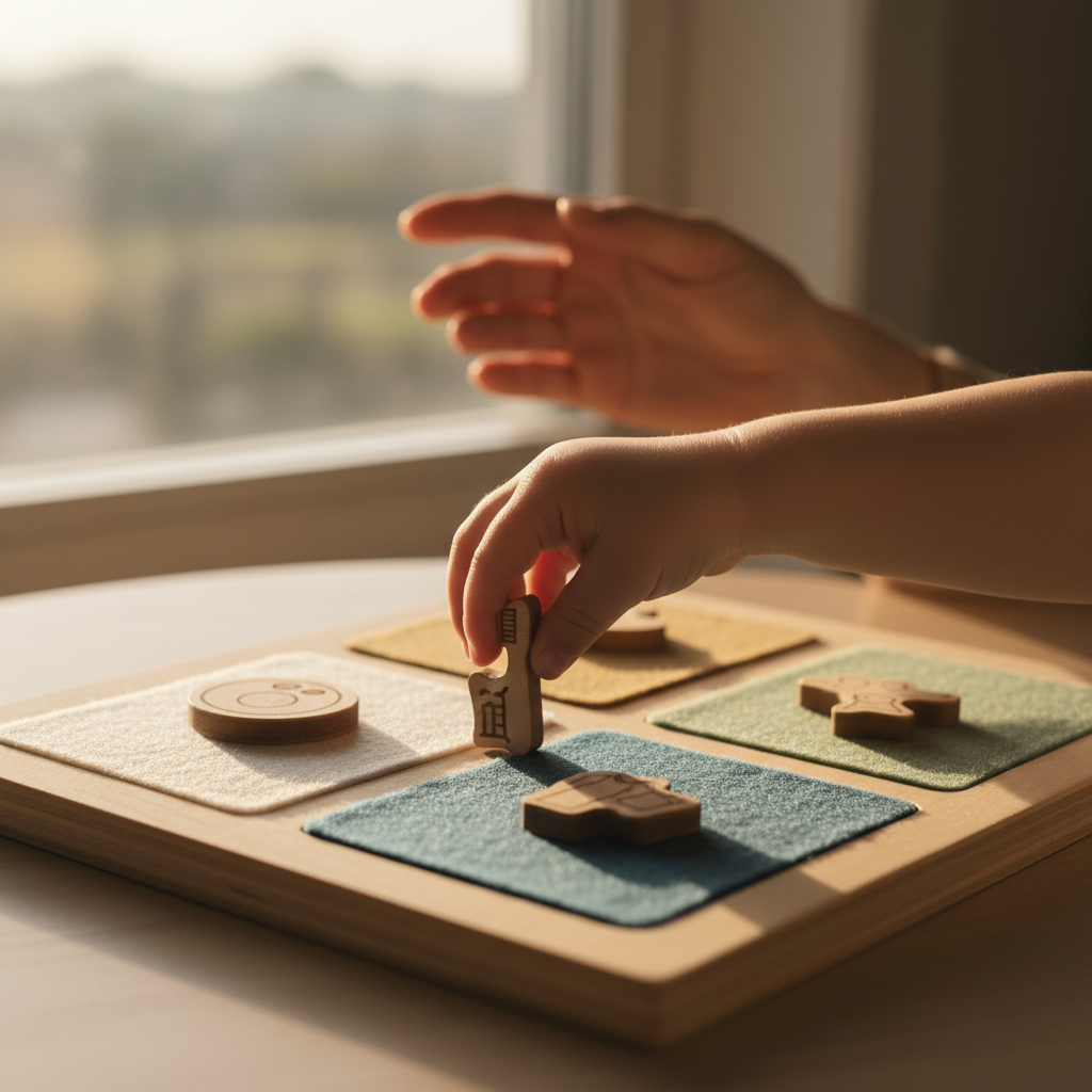 Ein Kind nutzt eine visuelle Tagesstrukturtafel (Mom Hack), um die Morgenroutine selbstständig zu organisieren und den mentalen Load der Eltern zu reduzieren.