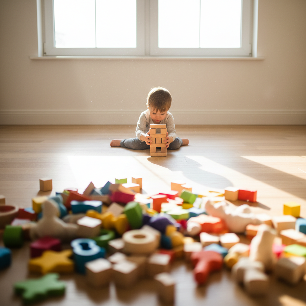 Dramatische Darstellung des Übergangs von Spielzeug-Chaos zu fokussierter Ruhe, symbolisch für die Effekte der erfolgreichen Spielzeugrotation.