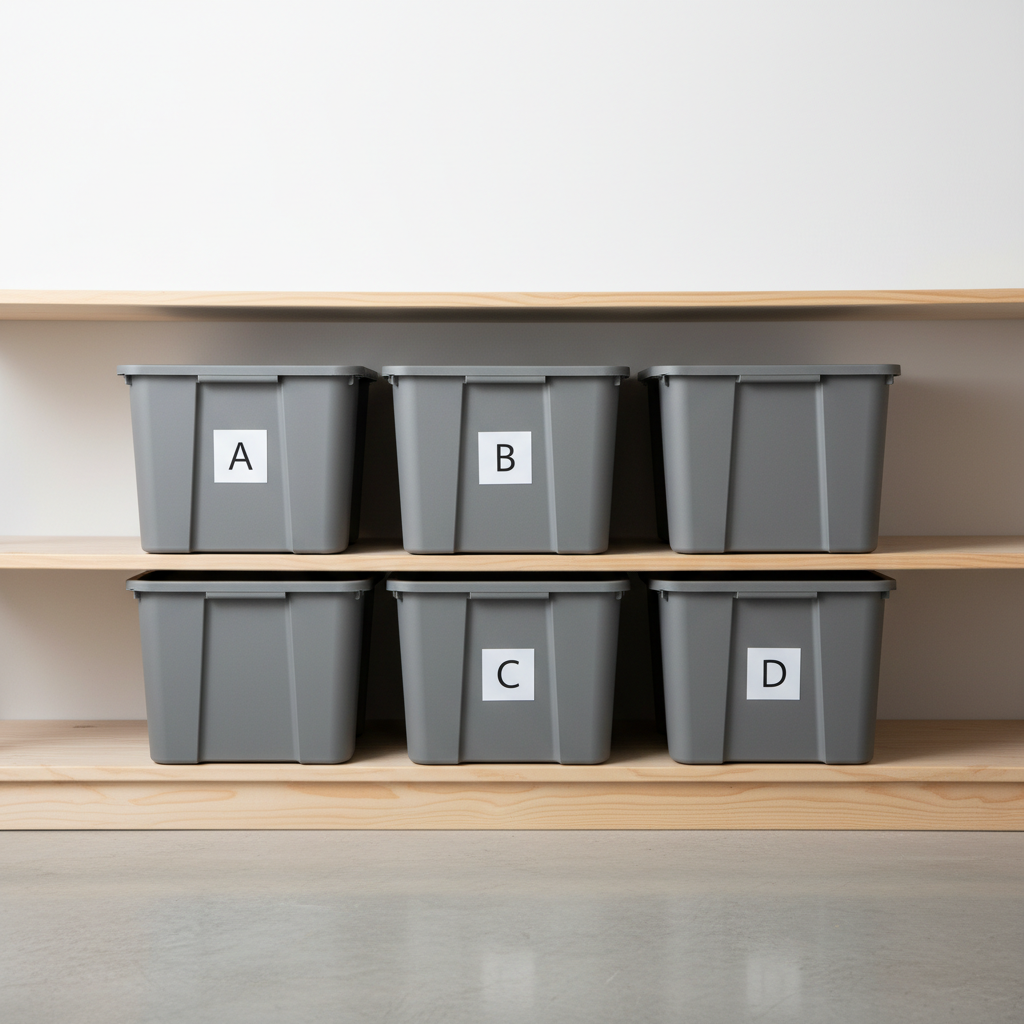 Stapelbare, blickdichte Aufbewahrungsboxen, beschriftet mit A, B, C, D, die das strategische 4-Boxen-System der Spielzeugrotation illustrieren.