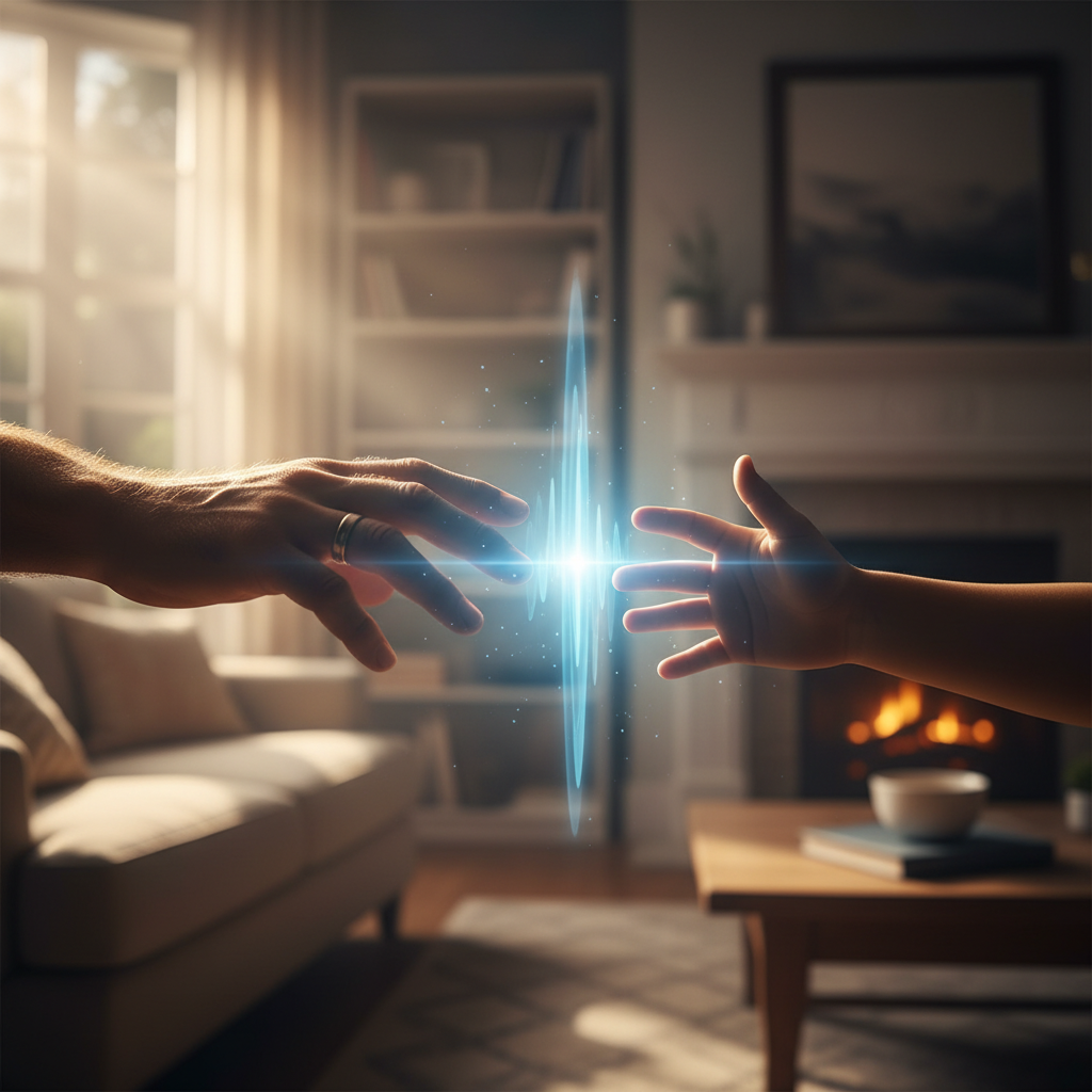 Nahaufnahme, die metaphorisch die Trennung durch digitale Ablenkung darstellt, ein zentrales Problem beim Digital Detox für die Familie. Das Bild zeigt zwei Hände, die durch eine Lichtbarriere getrennt sind.