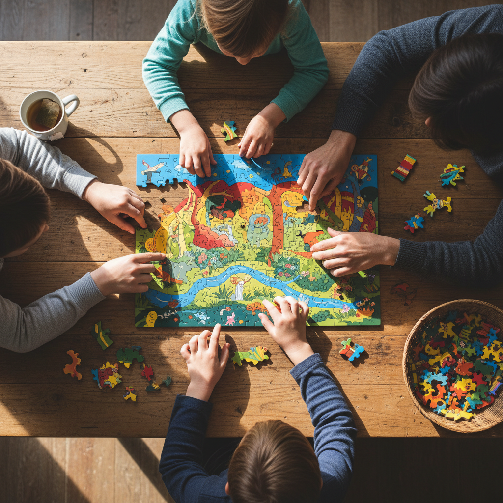 Verschiedene Hände von Erwachsenen und Kindern, die gemeinsam ein analoges Puzzle lösen, um einen erfolgreichen Digital Detox für die Familie zu fördern und die Bindung zu stärken.