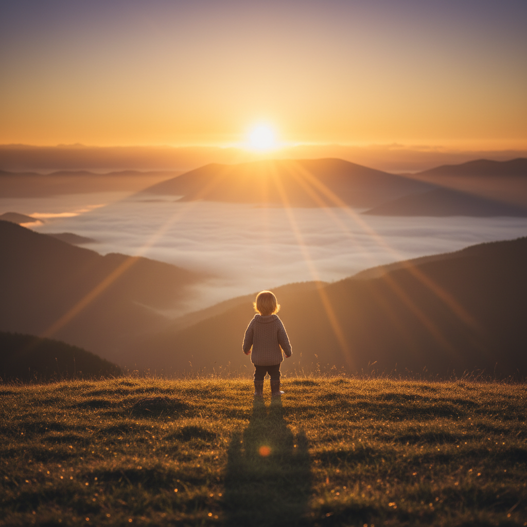 Kleinkind blickt in den Sonnenaufgang als Symbol für den erfolgreichen Schnuller Abschied und einen neuen Lebensabschnitt.