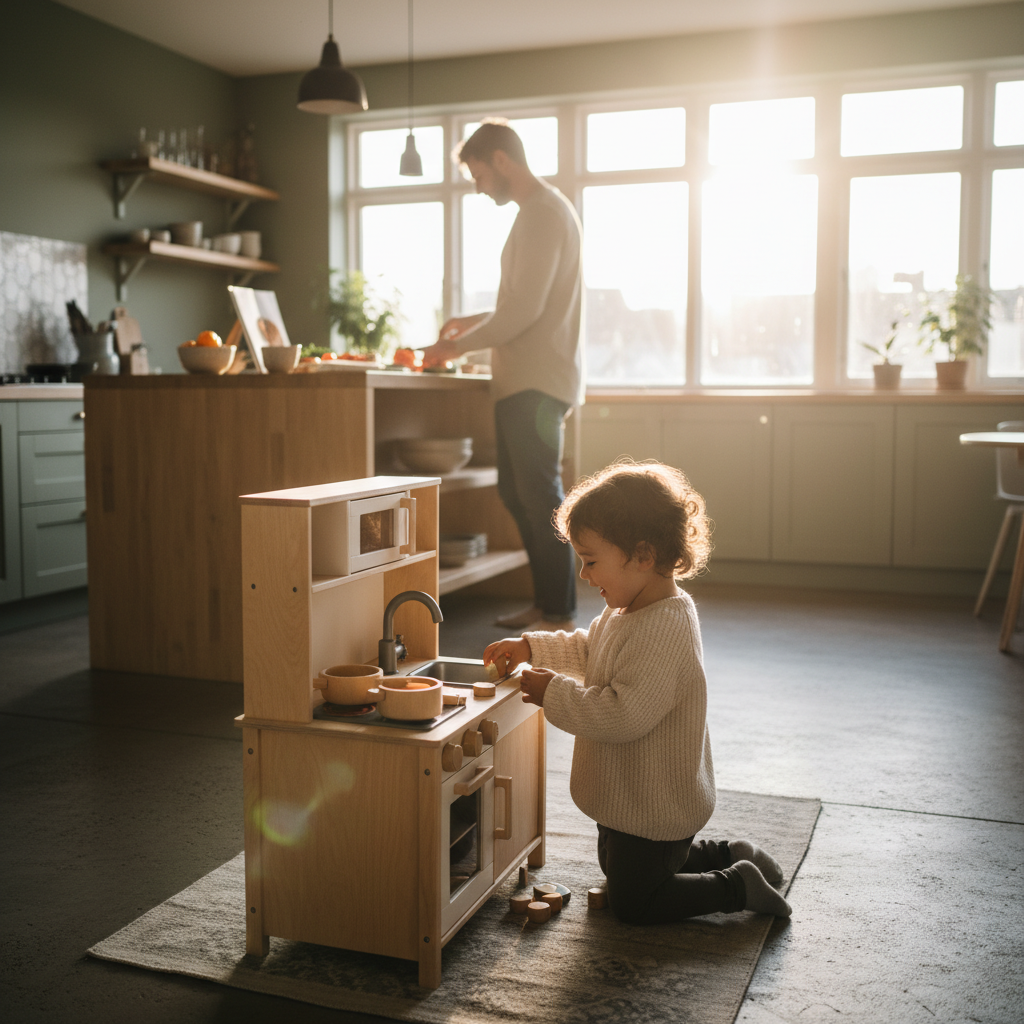 Ruhige Szene in der Küche, wo ein Elternteil kocht und das Kind selbstständig mit seiner Kinderküche spielt, was die neue Harmonie symbolisiert und Stress reduziert.