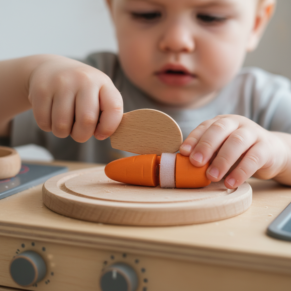 Nahaufnahme eines Kindes beim konzentrierten Zerschneiden von Spiellebensmitteln aus Holz, um Feinmotorik und Selbstwirksamkeit durch die Kinderküche zu trainieren.