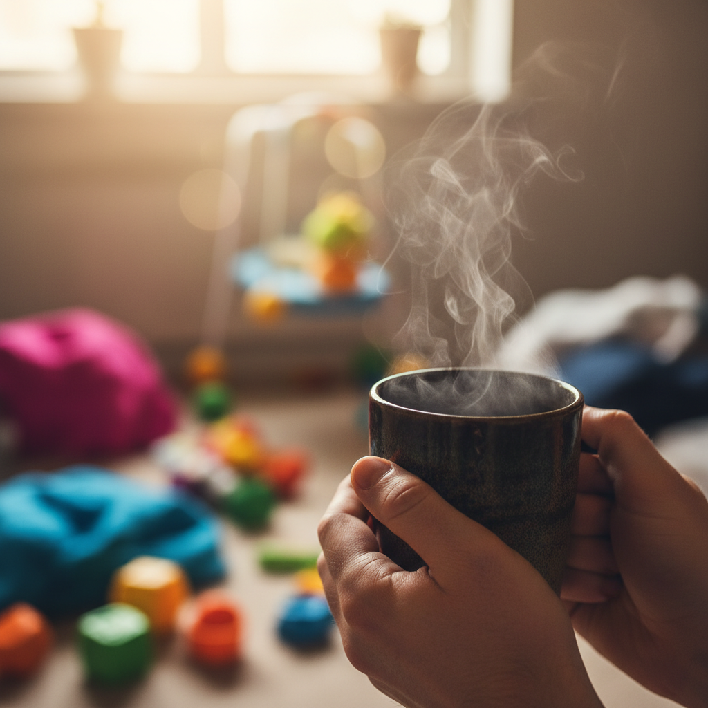 Nahaufnahme einer dampfenden Kaffeetasse, die fest in Händen gehalten wird, umgeben von einem verschwommenen Hintergrund, der das Chaos des Haushalts darstellt. Dies symbolisiert Achtsamkeit im Mama-Alltag.