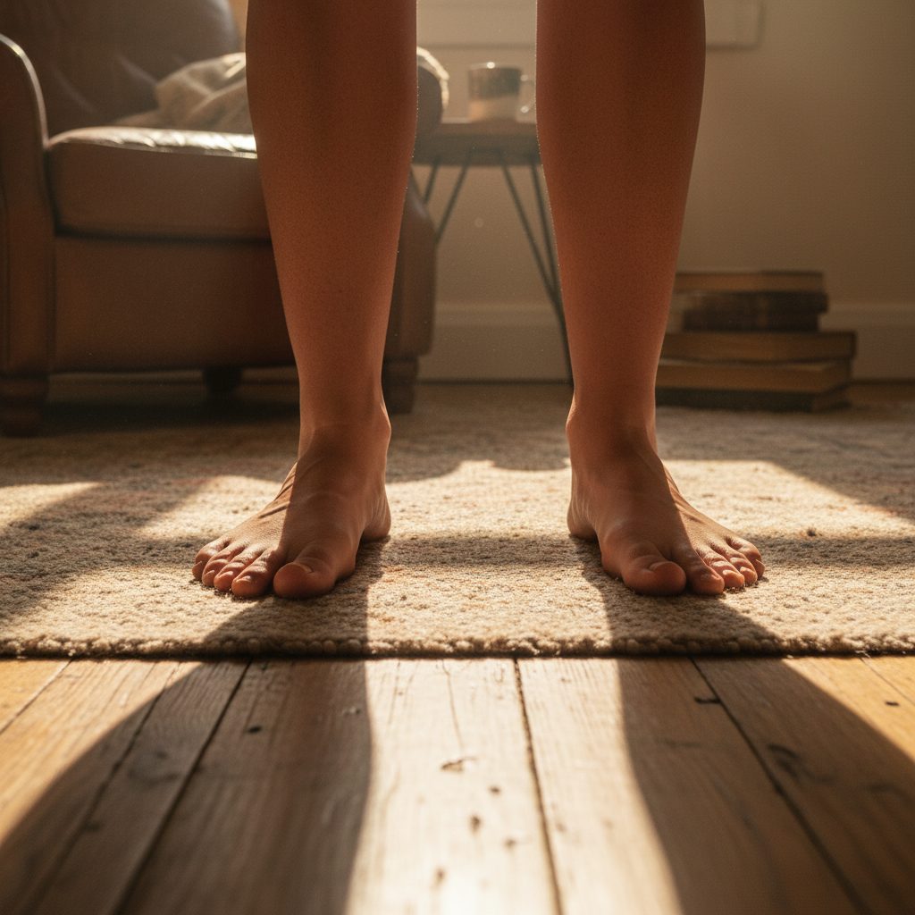 Geerdete Füße stehen stabil auf einem Holzboden, was die körperliche Erdung und den Kampf gegen Perfektionismus im Eltern-Alltag darstellt.