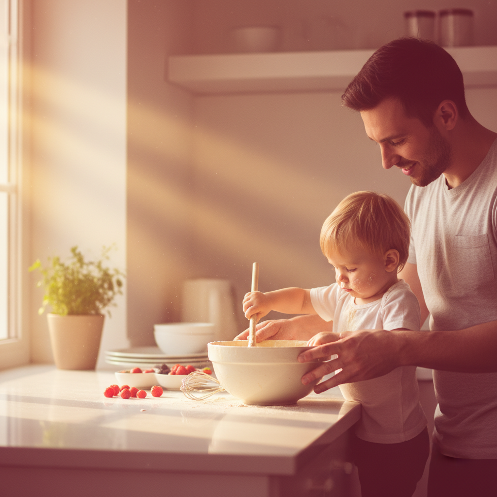 Ein Elternteil und ein Kleinkind arbeiten gemeinsam sicher an der Küchentheke, was die Nutzung eines Lernturm und die Förderung der Eigenständigkeit symbolisiert.