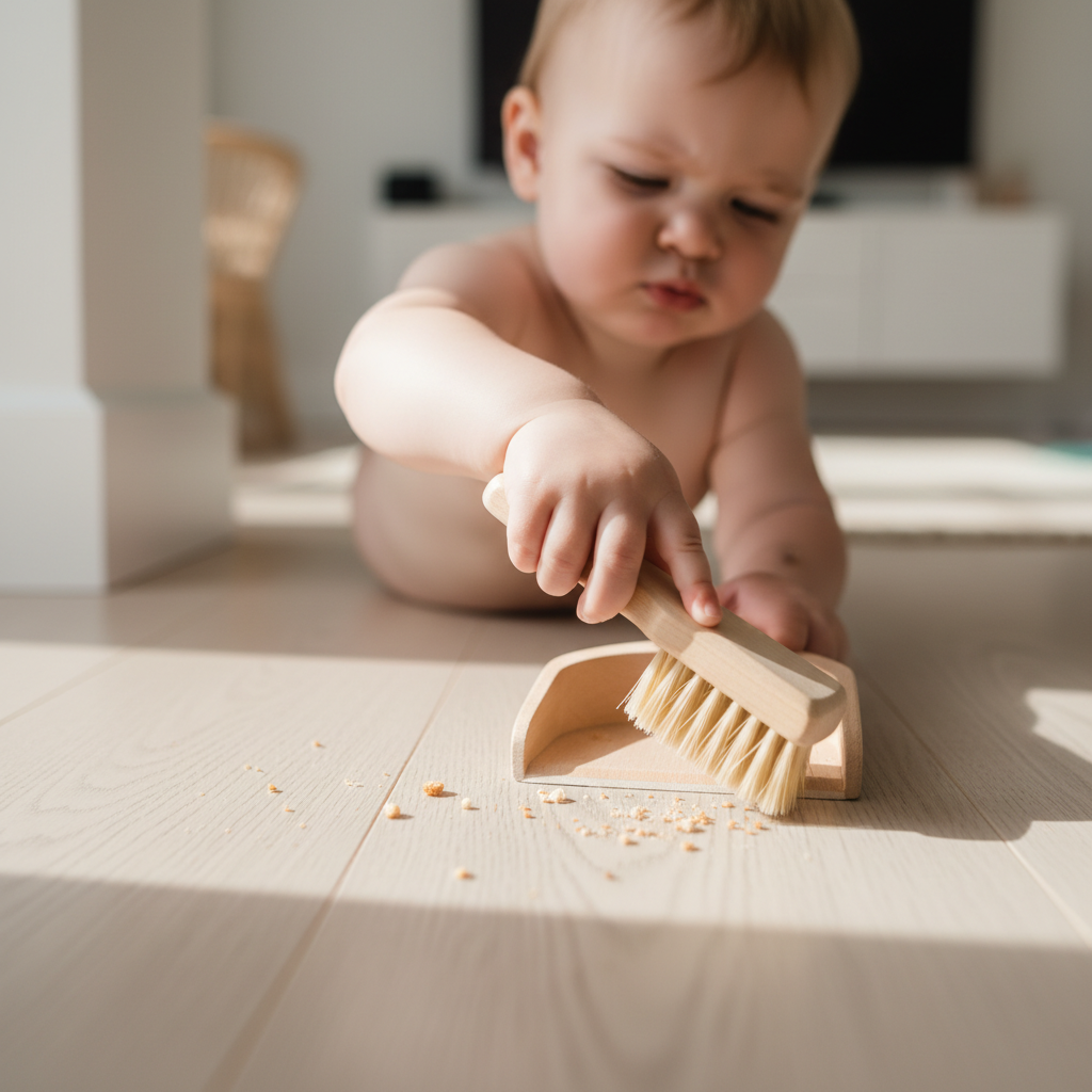 Nahaufnahme von Kinderhänden, die einen kleinen Besen halten, um spielerisch bei den Haushaltshilfen für Kinder mitzuwirken und die Motorik zu verbessern.