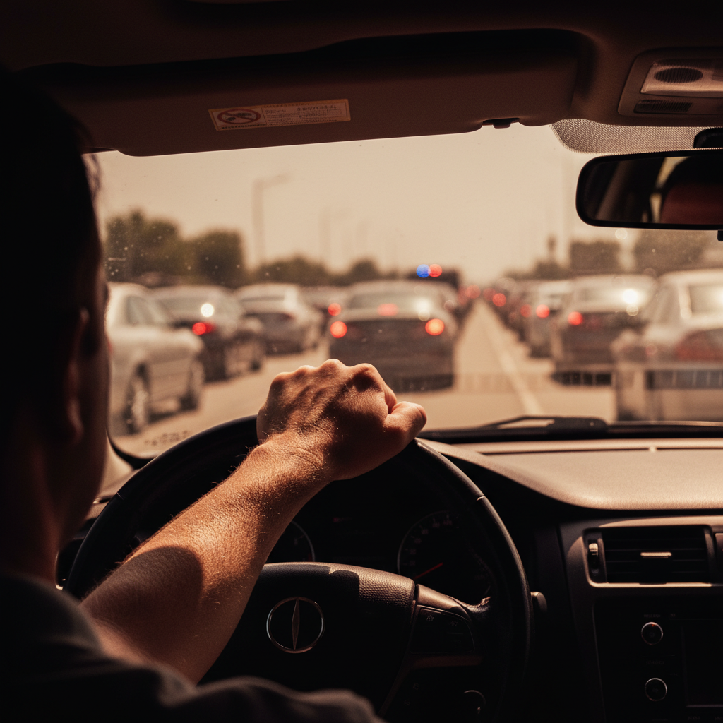 Nahaufnahme einer gestressten Hand am Lenkrad im dichten Stau, die die Notwendigkeit einer schnellen Lösung für Pipi-Dramen, wie die faltbare Reisetoilette, verdeutlicht.