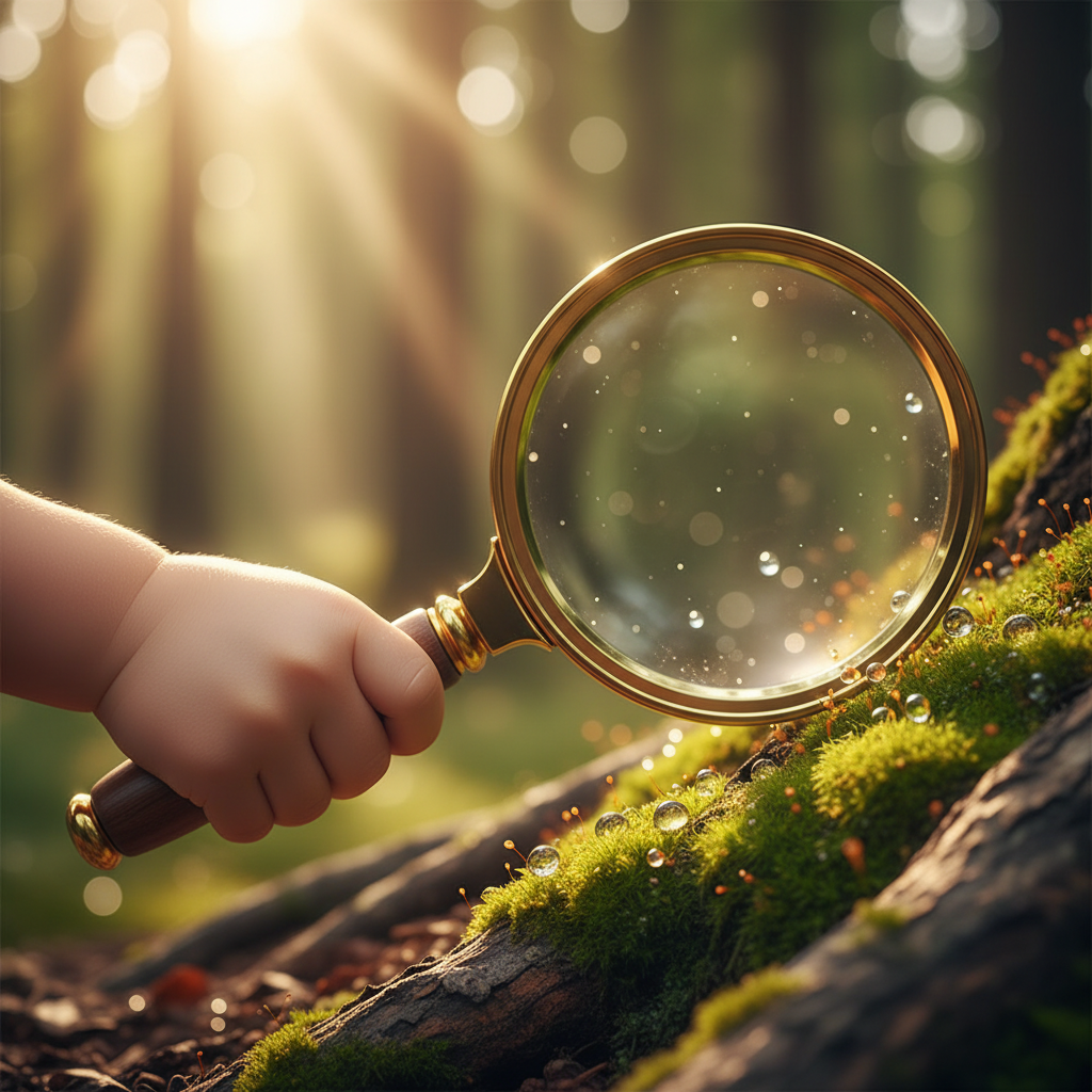 Nahaufnahme der Hand eines Kleinkindes, das mit einer Lupe Moos im Wald untersucht, symbolisiert die Freude an langsamen Outdoor-Erlebnissen mit Kleinkind und den Fokus auf Details.