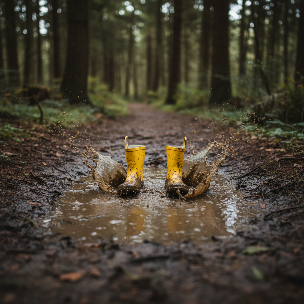 Ein Paar bunter Gummistiefel eines Kleinkindes steht tief in einer matschigen Pfütze, illustriert entspannte Outdoor-Erlebnisse und die Wichtigkeit, Schmutz zu akzeptieren.