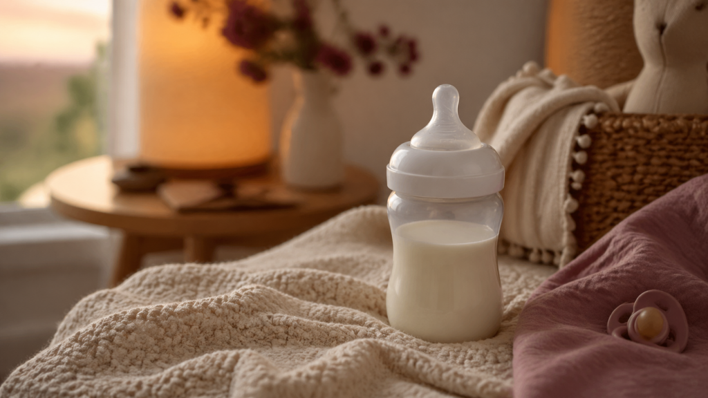 Ruhige Fuetter-Szene mit Babyflasche und weichem Abendlicht, nah und vertraut ohne Gesichter.