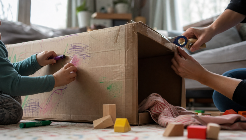 Kinderspiel mit Pappkarton, Holzklötzen und Tuch als einfache Spielidee ohne Neukauf