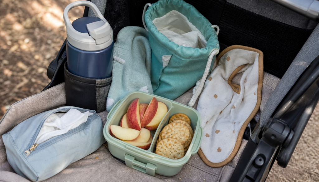 Auslaufsichere Snackbox, Feuchttücher und kleine Portionen im Kinderwagen für unterwegs